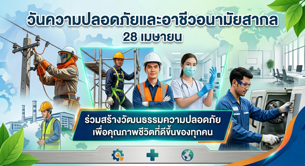 วันความปลอดภัยและอาชีวอนามัยสากล พนักงานสวมอุปกรณ์ป้องกันความปลอดภัยในการทำงาน