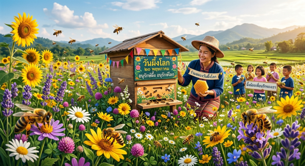 วันผึ้งโลก ผึ้งกำลังเก็บน้ำหวานจากดอกไม้ในธรรมชาติ