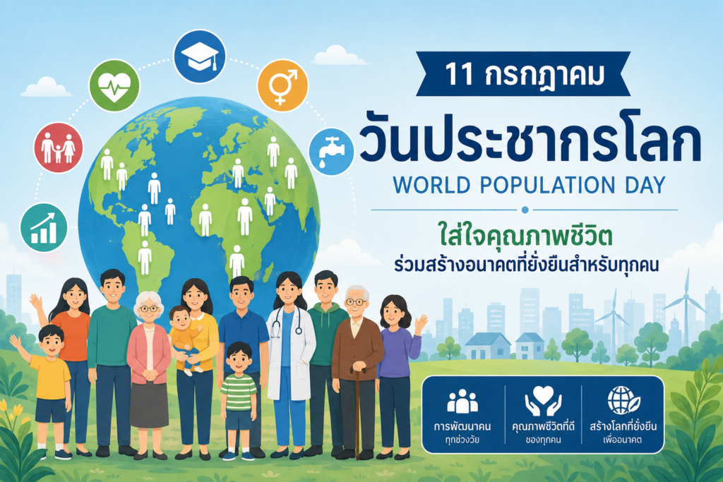 วันประชากรโลก 11 กรกฎาคม ภาพกราฟิกโลกและผู้คนหลากหลายช่วงวัย สื่อถึงการพัฒนาคุณภาพประชากรและความยั่งยืนของโลก