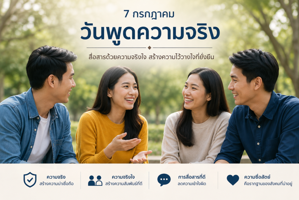 วันพูดความจริง 7 กรกฎาคม กลุ่มคนกำลังพูดคุยด้วยความจริงใจ สื่อถึงความซื่อสัตย์ ความไว้วางใจ และการสื่อสารที่ดี