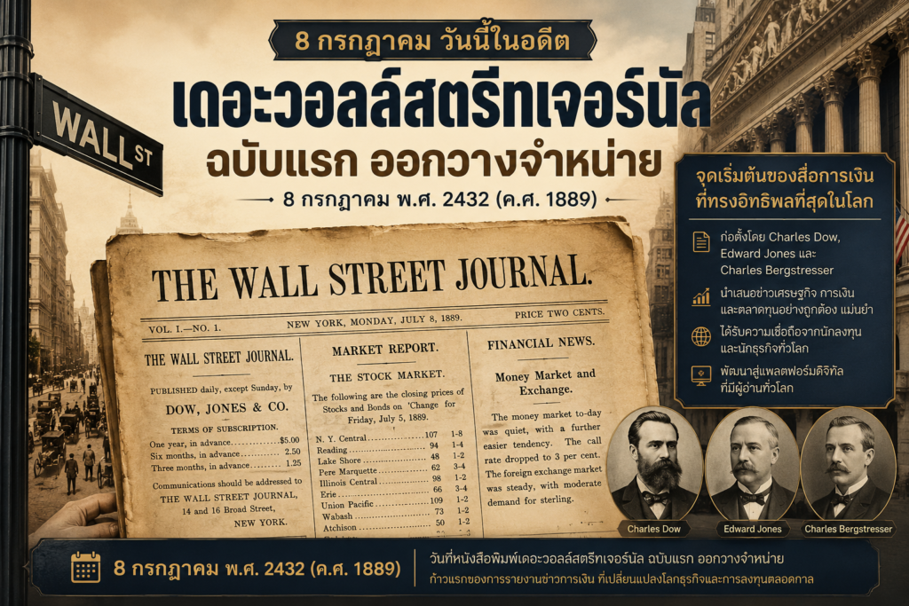 ภาพประกอบเหตุการณ์วันนี้ในอดีต 8 กรกฎาคม พ.ศ. 2432 วันที่หนังสือพิมพ์เดอะวอลล์สตรีทเจอร์นัลฉบับแรกออกวางจำหน่าย พร้อมภาพหนังสือพิมพ์สไตล์วินเทจและบรรยากาศย่านวอลล์สตรีท